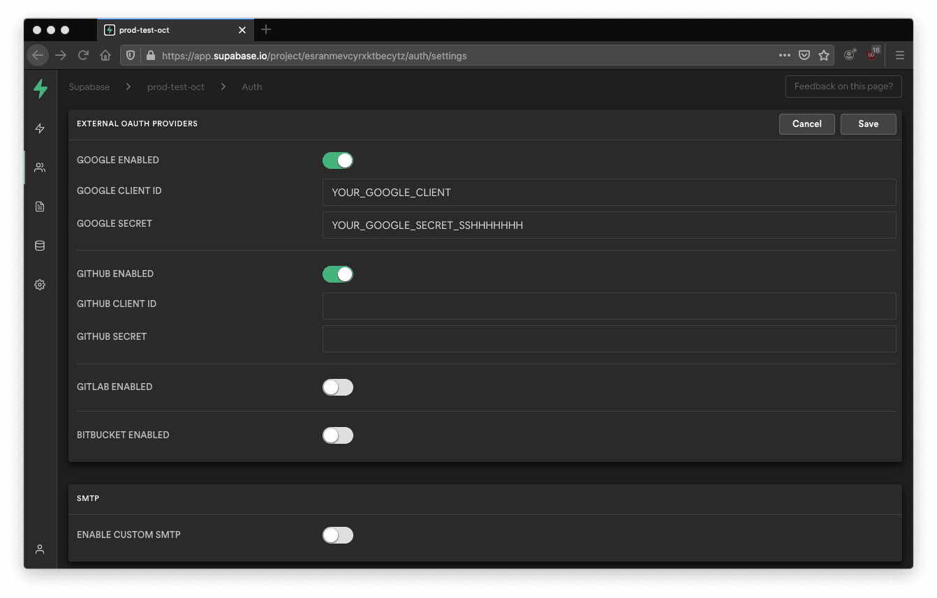 This is a picture of the supabase dashboard with OAuth logins